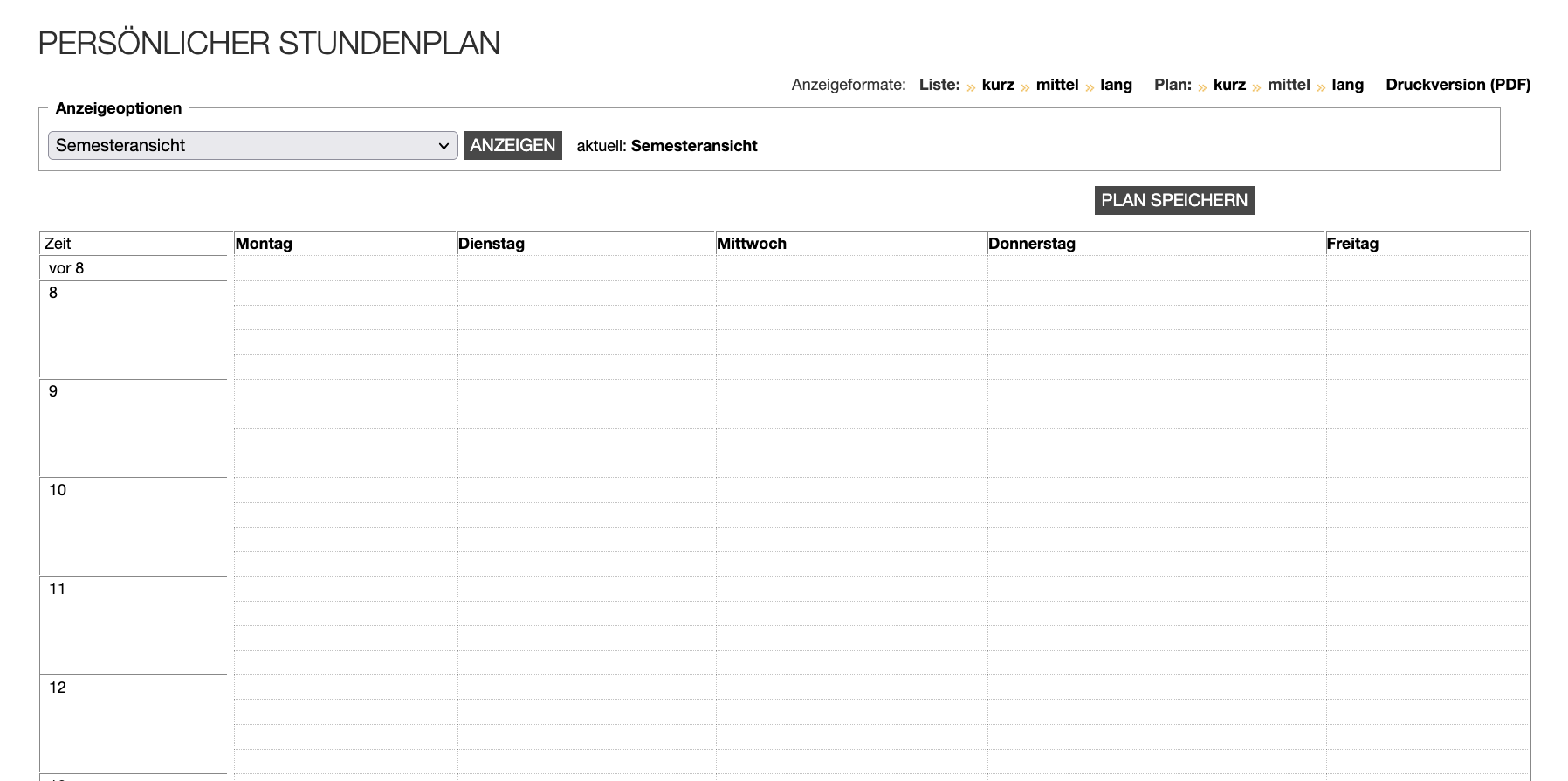 Standardmäßige Ansicht eines leeren persönlichen Stundenplans