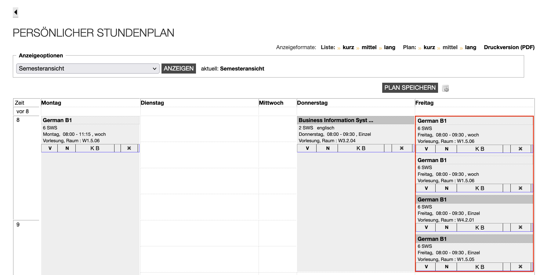Ansicht eines gefüllten persönlichen Stundenplans