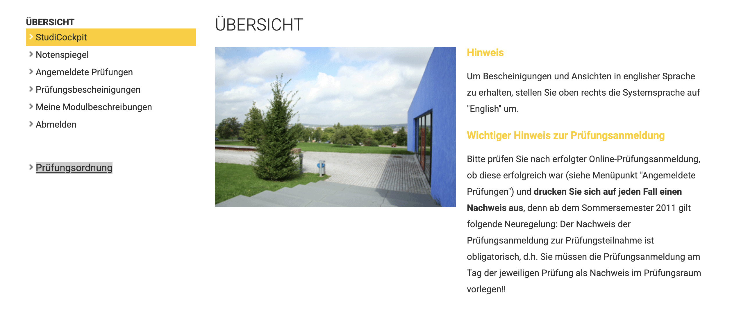 Einstieg ins Studi-Cockpit über das Auswahlmenü