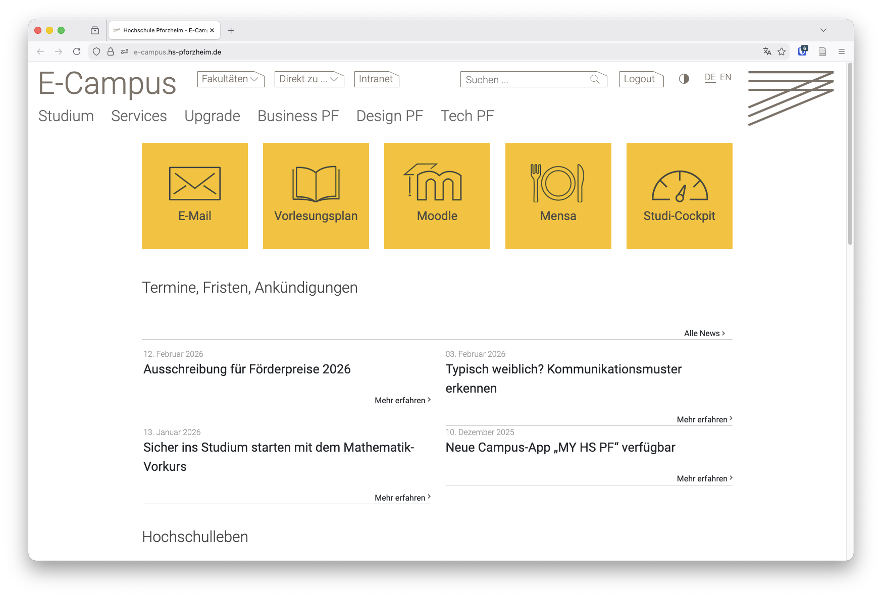 Screenshot der Landing Page des E-Campus (rein dekorativ)