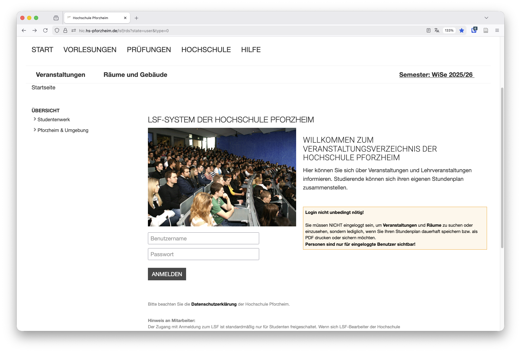 Screenshot der Landing Page des LSF (rein dekorativ)