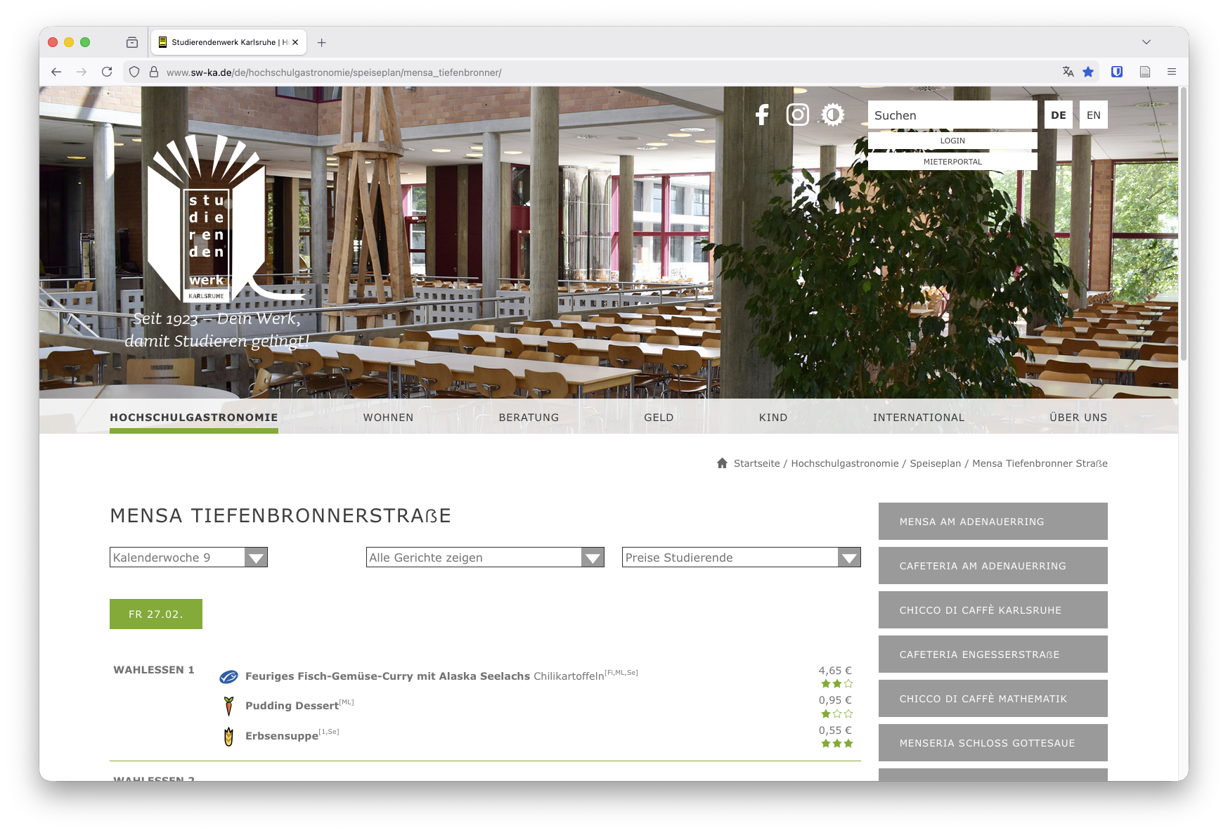 Screenshot der Landing Page der Mensa (rein dekorativ)